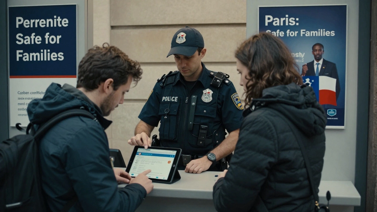 A police officer helping a traveler report a scam website at a Paris tourist information center.